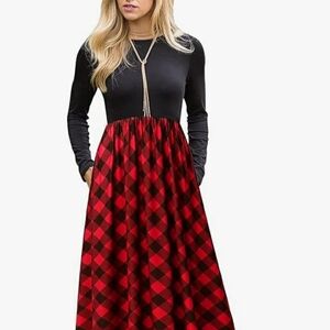 Merokeety Plaid Red and Black Long Sleeve Dress